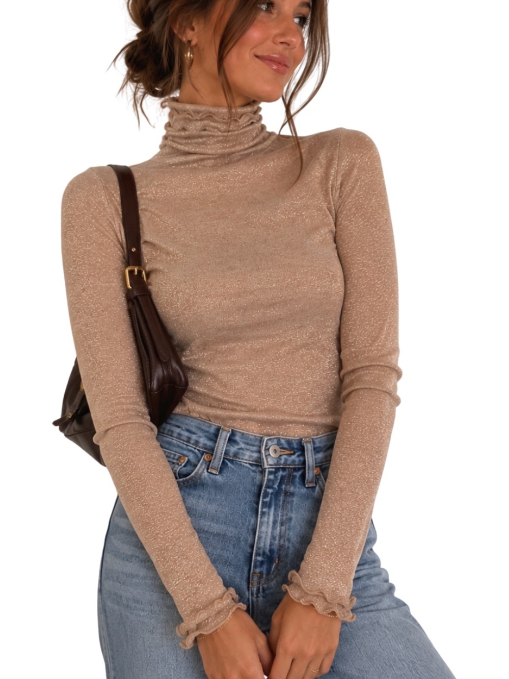 J.Crew Sparkly Rose Gold Metallic Turtleneck Lettuce Hem Top XS